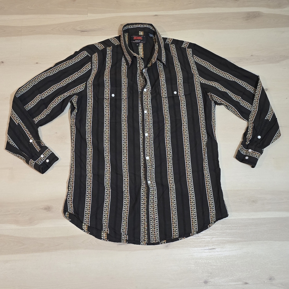 Vtg Rock&Roll Denim Modern Fit Aztec Zigzag Striped Snap Button Up Shirt Men XL